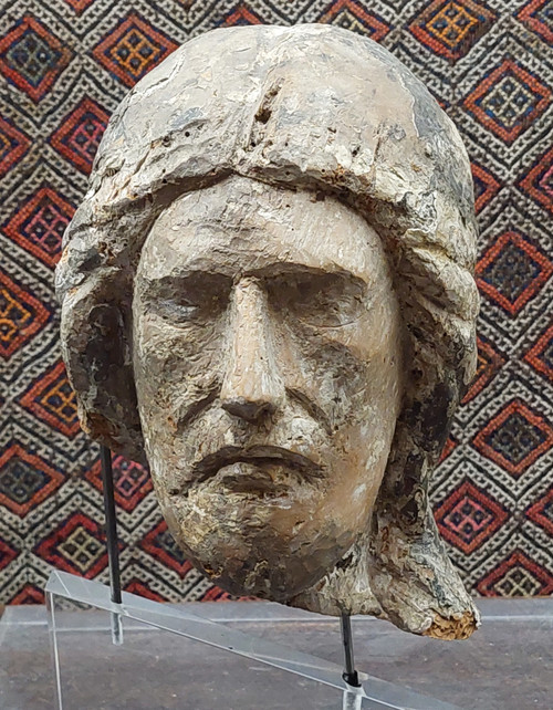 Tête De Christ XIIIe Siècle Bois Avec Reste De Polychromie
