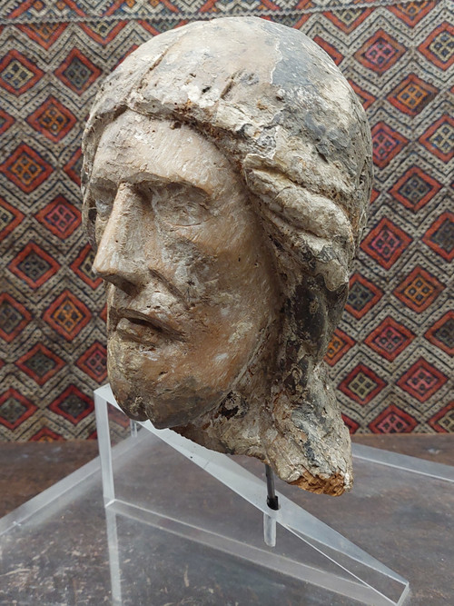 Tête De Christ XIIIe Siècle Bois Avec Reste De Polychromie