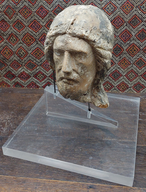 Tête De Christ XIIIe Siècle Bois Avec Reste De Polychromie