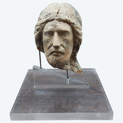 Tête De Christ XIIIe Siècle Bois Avec Reste De Polychromie