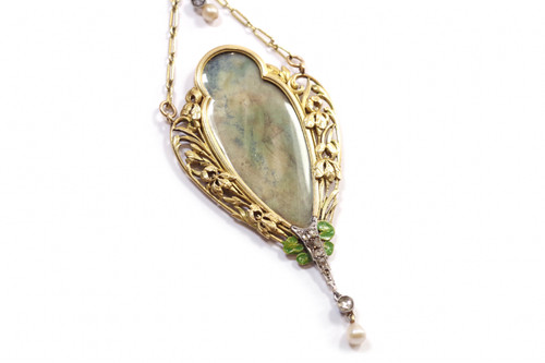 Collana iris e ninfee stile Art Nouveau francese in oro 18 carati, Collana Art Nouveau con diamanti 