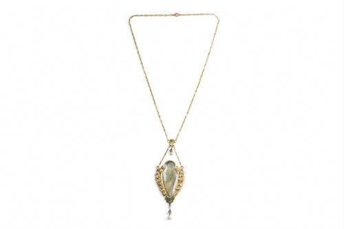Collana iris e ninfee stile Art Nouveau francese in oro 18 carati, Collana Art Nouveau con diamanti 