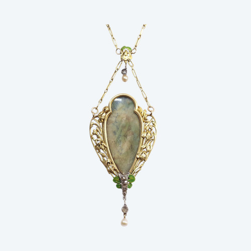 Collana iris e ninfee stile Art Nouveau francese in oro 18 carati, Collana Art Nouveau con diamanti 