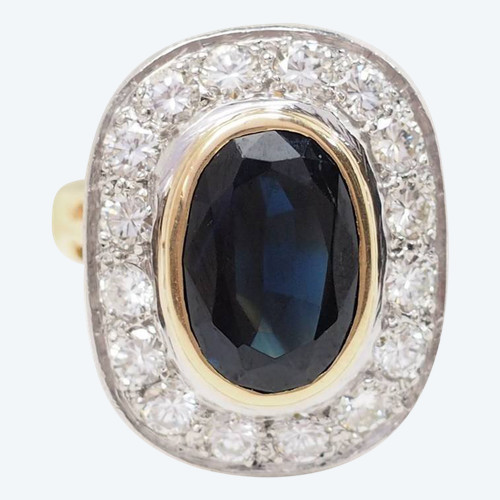 Anello pompadour bicolore in oro, zaffiri e diamanti