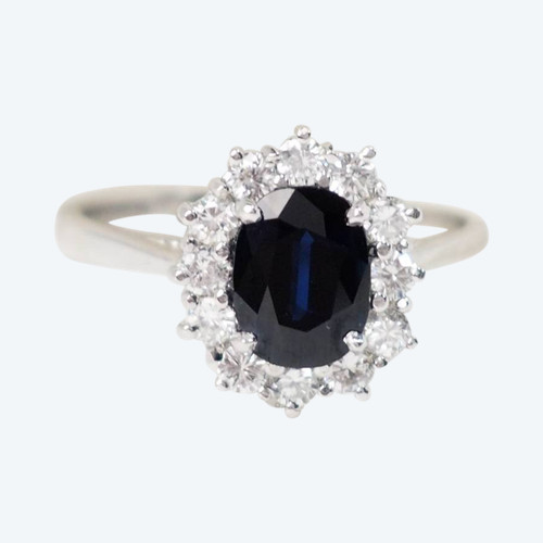 Anello Margherita in oro bianco, zaffiro e diamanti