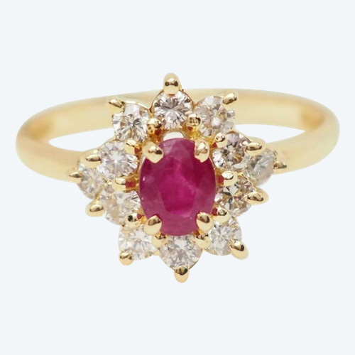 Margeritenring aus Gelbgold, Rubinen und Diamanten