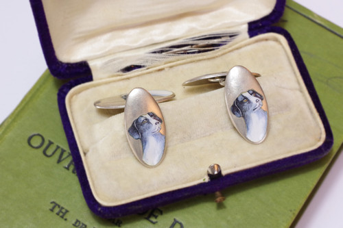 Gemelli in argento Art Déco con cane, smalto, gioielli da uomo