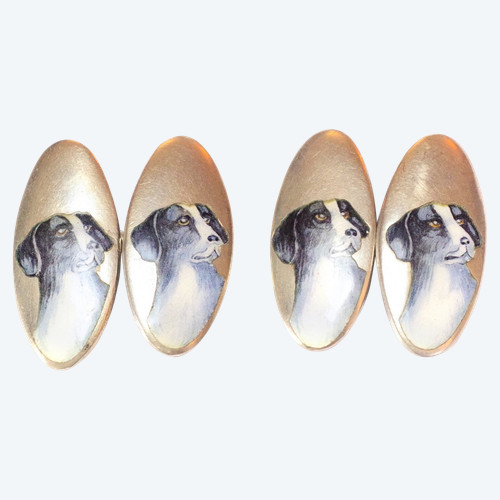 Gemelli in argento Art Déco con cane, smalto, gioielli da uomo