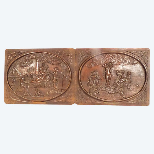 Paire Panneaux Bois Sculpté Toilette Naissance Vénus De Vinci Servet XXème