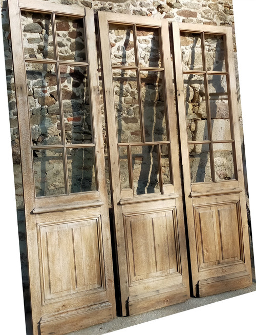 Trois Portes Vitrées Anciennes En Chêne Cloison Séparation Vitrée