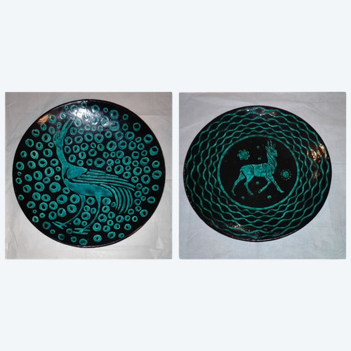 Pair of Émile Balon Blois factory dishes decorated by Églantine Lemaitre, daughter of Robert Houdin