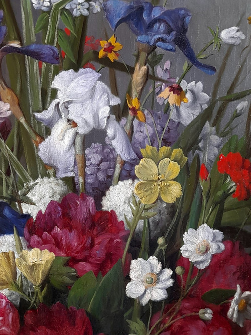 Großes Blumengemälde von Joseph Amouroux aus dem Jahr 1879