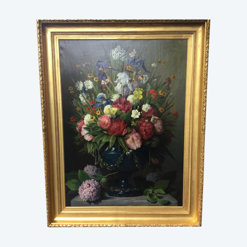 Großes Blumengemälde von Joseph Amouroux aus dem Jahr 1879