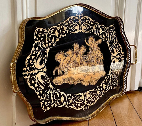 Italy, Intarsitalia, Circa 1960, Lacquered Wood Tray Phaethon Decor On The Chariot Of The Sun.