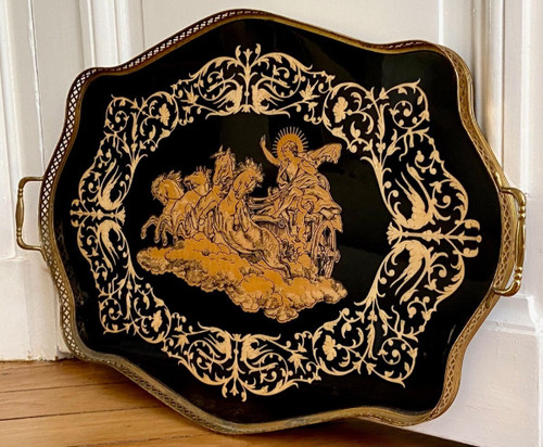 Italy, Intarsitalia, Circa 1960, Lacquered Wood Tray Phaethon Decor On The Chariot Of The Sun.