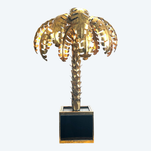 PALMENLAMPE AUS GOLDENEM METALL MIT GLASPLATTE IM STIL DER 70ER JAHRE