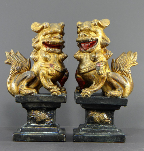 China, First Half of the 20th Century, Pair Of Polychrome Temple Guardian Lions.