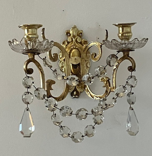 Schöne alte Wandleuchte aus vergoldeter Bronze und Portieux-Kristall aus der Zeit Napoleons III. um 1860