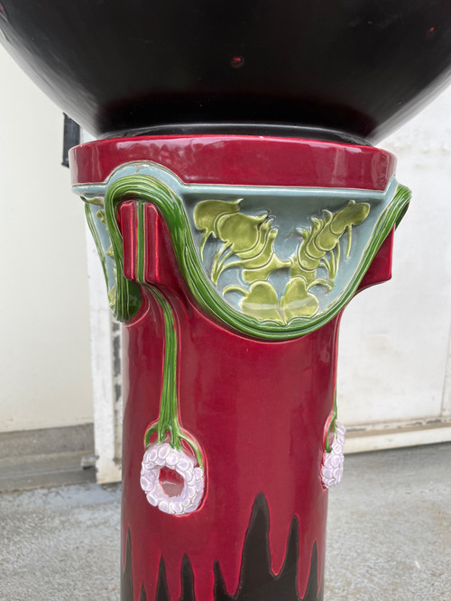 Large Jugendstil Art Nouveau Barbotine Basin And Column
