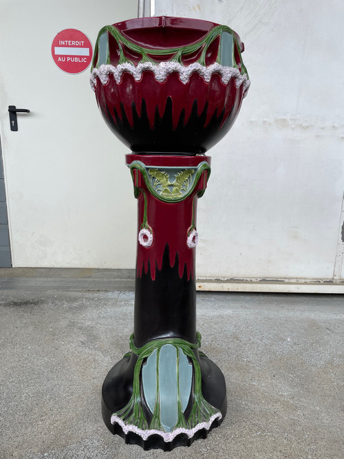 Large Jugendstil Art Nouveau Barbotine Basin And Column