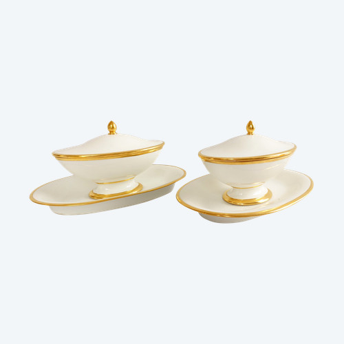 Pair of white and gold Sèvres porcelain sauce boats from the early 19th century - 1820 - signed