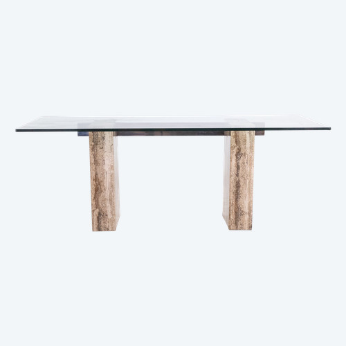 Console, or desk, in glass and travertine. 1980s. LS5849657C