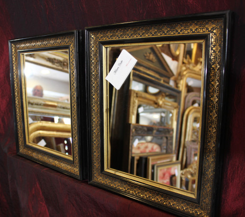 28 X 34 Cm, Paire De Miroirs Rectangle Napoléon III, Noir Et Or 