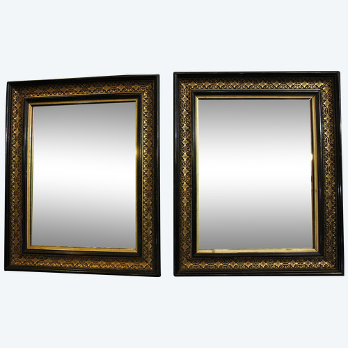 28 X 34 Cm, Paire De Miroirs Rectangle Napoléon III, Noir Et Or 
