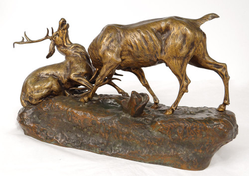 Scultura in bronzo Thomas François Cartier Combat De Cerfs Animalier XX secolo