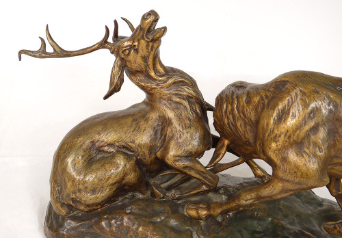 Scultura in bronzo Thomas François Cartier Combat De Cerfs Animalier XX secolo