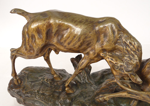 Scultura in bronzo Thomas François Cartier Combat De Cerfs Animalier XX secolo