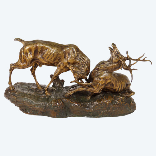 Scultura in bronzo Thomas François Cartier Combat De Cerfs Animalier XX secolo