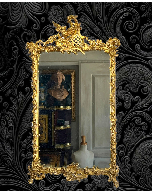 SPECCHIO DEL XIX SECOLO IN LEGNO E STUCCO DORATO IN STILE LOUIS XV ( FRONTIERA CON UCCELLO )