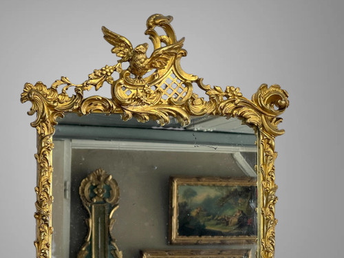 SPECCHIO DEL XIX SECOLO IN LEGNO E STUCCO DORATO IN STILE LOUIS XV ( FRONTIERA CON UCCELLO )