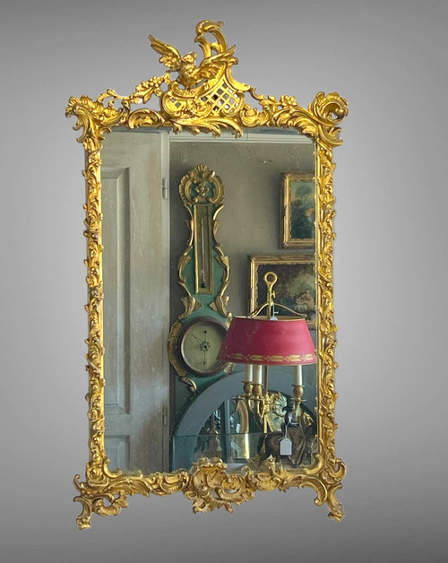 SPECCHIO DEL XIX SECOLO IN LEGNO E STUCCO DORATO IN STILE LOUIS XV ( FRONTIERA CON UCCELLO )