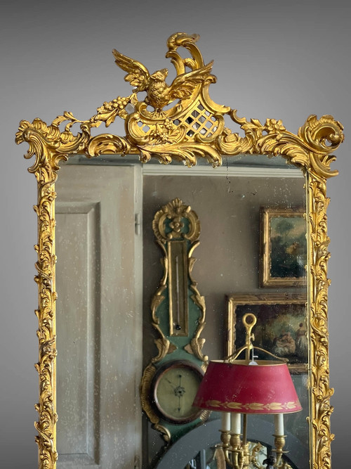 SPECCHIO DEL XIX SECOLO IN LEGNO E STUCCO DORATO IN STILE LOUIS XV ( FRONTIERA CON UCCELLO )