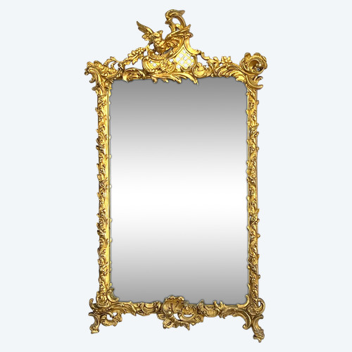 SPECCHIO DEL XIX SECOLO IN LEGNO E STUCCO DORATO IN STILE LOUIS XV ( FRONTIERA CON UCCELLO )