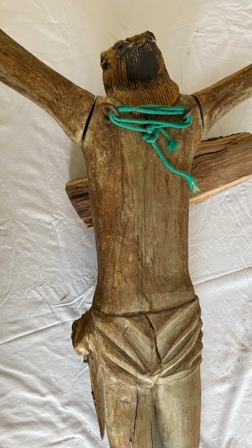 Christ of the crucifixion carved wooden figure with traces of polychromy