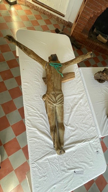 Christ of the crucifixion carved wooden figure with traces of polychromy