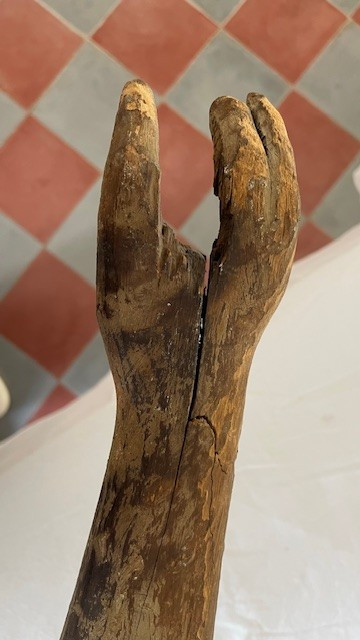 Christ of the crucifixion carved wooden figure with traces of polychromy