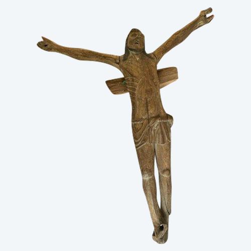 Christ of the crucifixion carved wooden figure with traces of polychromy