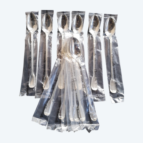 12 brand new blister-packed soda/mazagran/confiture spoons, Chinon model, Christofle silverware