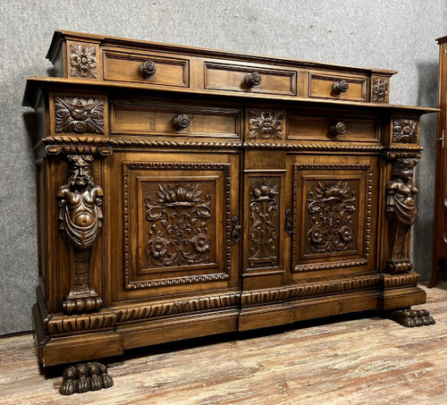 walnut Renaissance-style tiered buffet with caryatids, circa 1880
