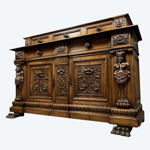 walnut Renaissance-style tiered buffet with caryatids, circa 1880
