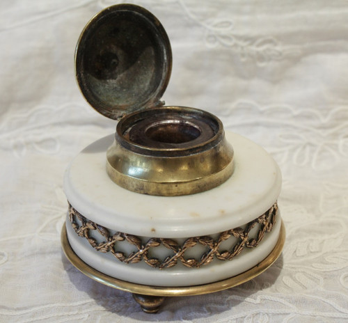 Circular Bronze And Marble Inkwell in the Louis XVI Style 19th Century