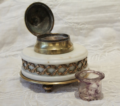 Circular Bronze And Marble Inkwell in the Louis XVI Style 19th Century