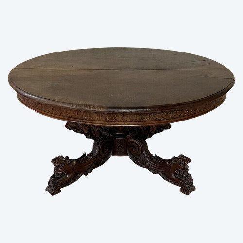table guéridon a allonges style Renaissance d'un pavillon de chasse en noyer massif  ( 504 cm )