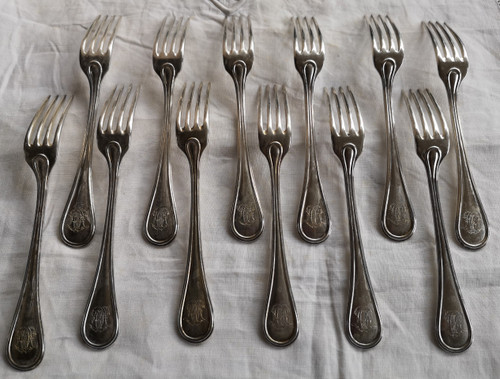 12 couverts de table en argent massif minerve monogramme orfèvre Jean Granvigne mi XIXème