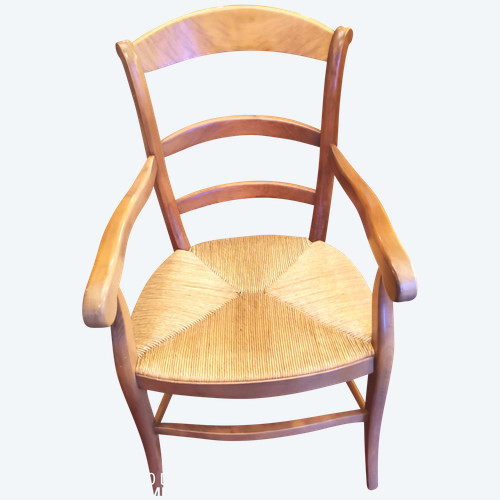 strohgepolsterter Sessel im Stil von Louis XV aus lackiertem blondem Kirschbaumholz Anfang des 20.