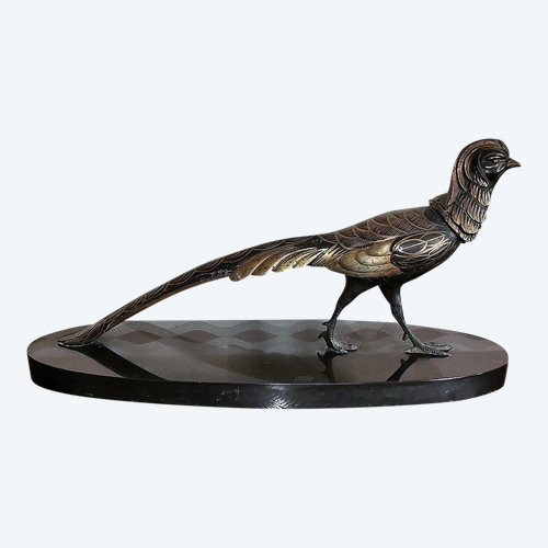 Art Deco sculpture of a gilded pheasant on a marble base, signed ( Salvatore Mélanie )